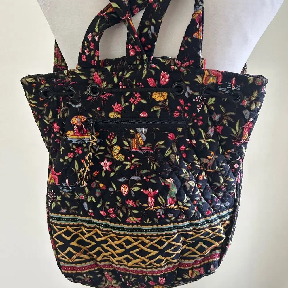 Vera Bradley Black Floral Cotton Backpack Medium Drawstring School Travel